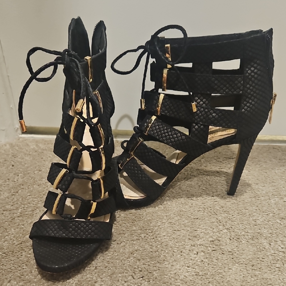 Vince Camuto Black Strappy Heels with Gold Accents